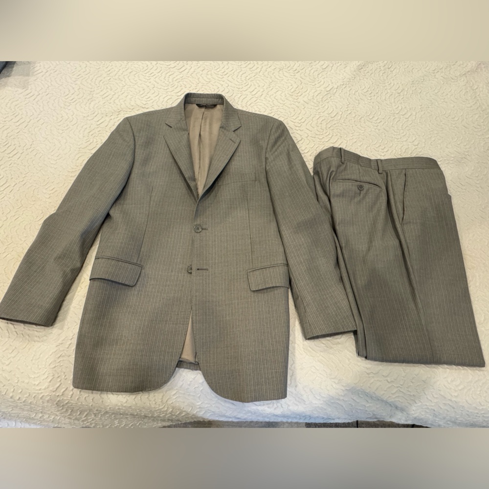 Yves Saint Laurent Gray Suit with Blue and White pinstripes